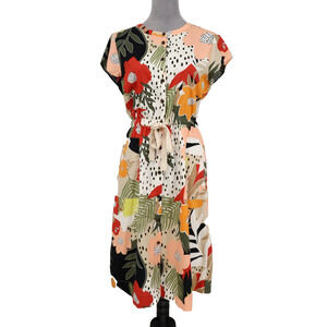 Loft Dress Petites 10P Beige Red Black Floral Cotton Blend Button Up Pockets